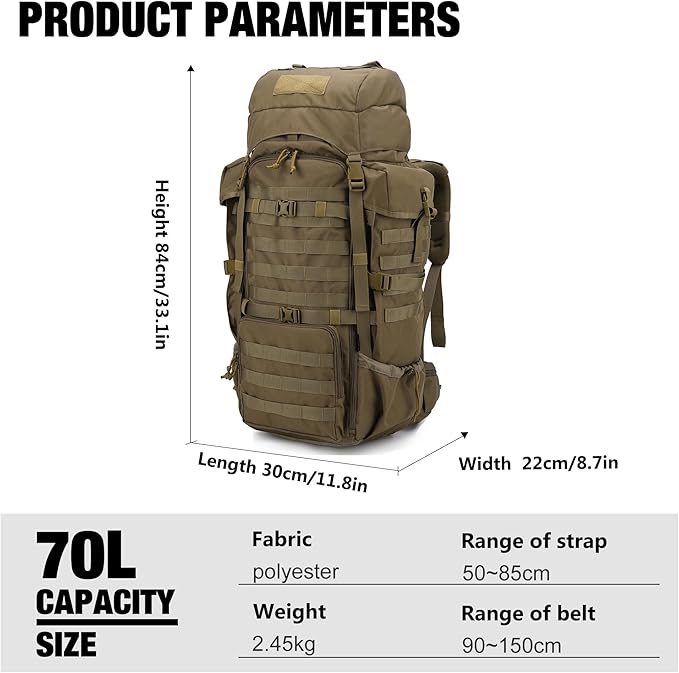 Mardingtop 70L Internal Frame Backpack for Hunting,Camping,Hiking Backpacking Backpack with Rain Cover