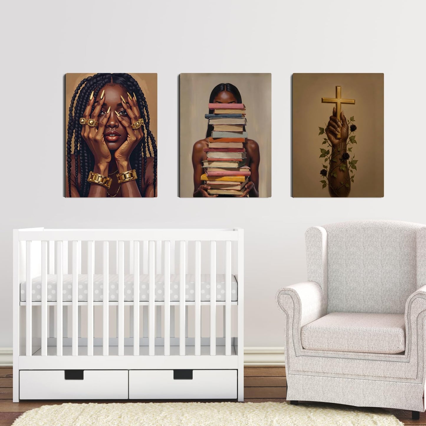 Black Woman Wall Art Canvas Print Set of 3 Framed Poster Picture Modern Artwork Wall Decor African American Artwork Canvas Wall Art 12x16 Inch for Living Room Bedroom Ofﬁce