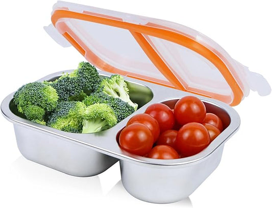 Ahongwenxi Large Stainless Steel Snack Box Containers, Reusable 2 Compartment Condiment Box with Lids, Food Container Sauce Cups, Divided Food Storage Containers for Home and Travel (Clear Lid)