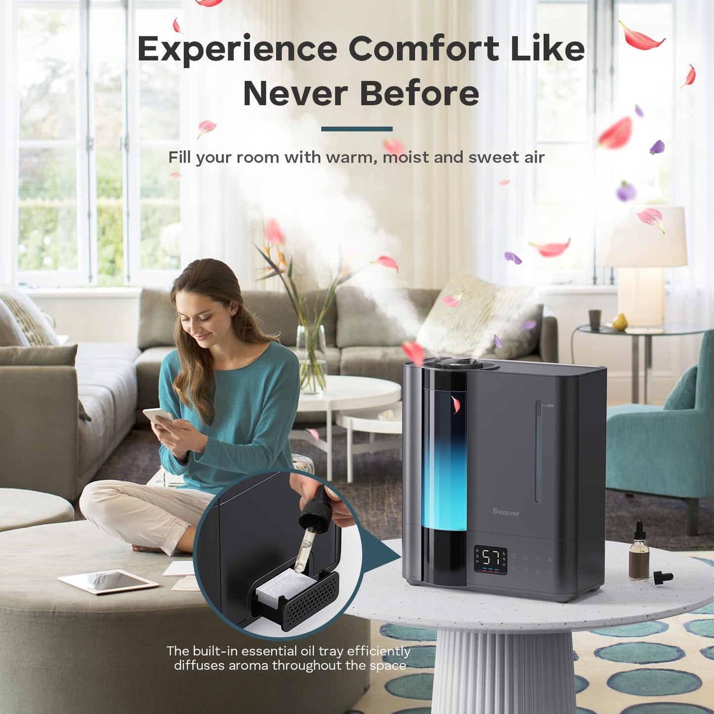 BREEZOME 8L Humidifiers for Bedroom, Warm & Cool Mist for Large Room Home, Top Fill Ultrasonic Humidifier, Humidity Sensor, Essential Oil, 60H Runtime, Quiet for Baby, Plants, Fast Relief