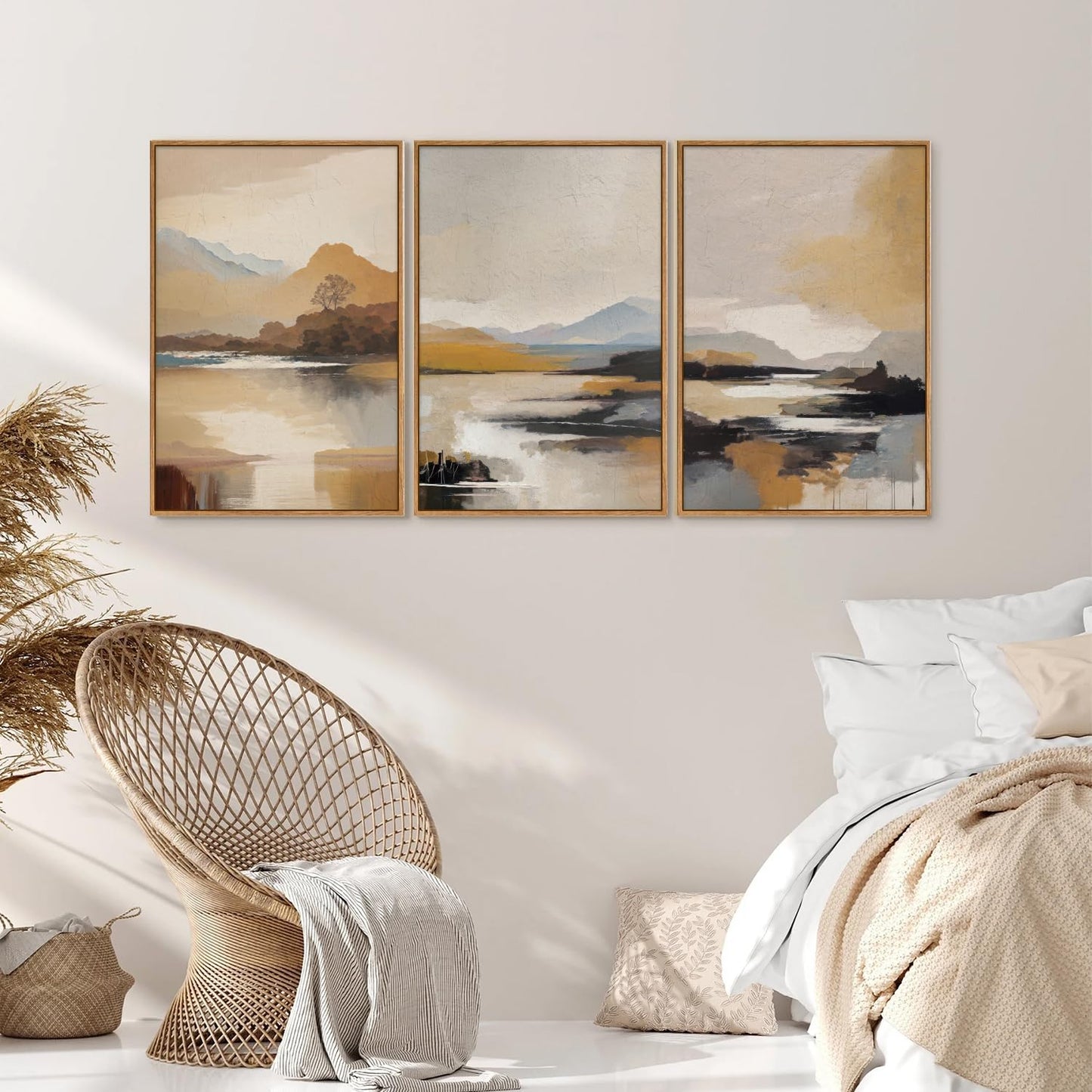 Tinonedraw Beige Abstract Mountain Framed Canvas Wall Art, Mid Century Modern Wall Decor, Rustic Golden Hour Lake Artwork, Neutral Nature Landscape Art Paintings for Living Room Bedroom 16"x24"x3