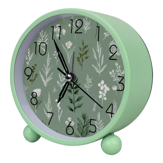 IROLSKDNFH 4.3" Decorative No Ticking Analog Alarm Clock, Battery Operated Desk Clock with Light, Easy to Set, for Bedroom, Kids, Seniors, Sage Green Botanical Mix Seamless Pattern