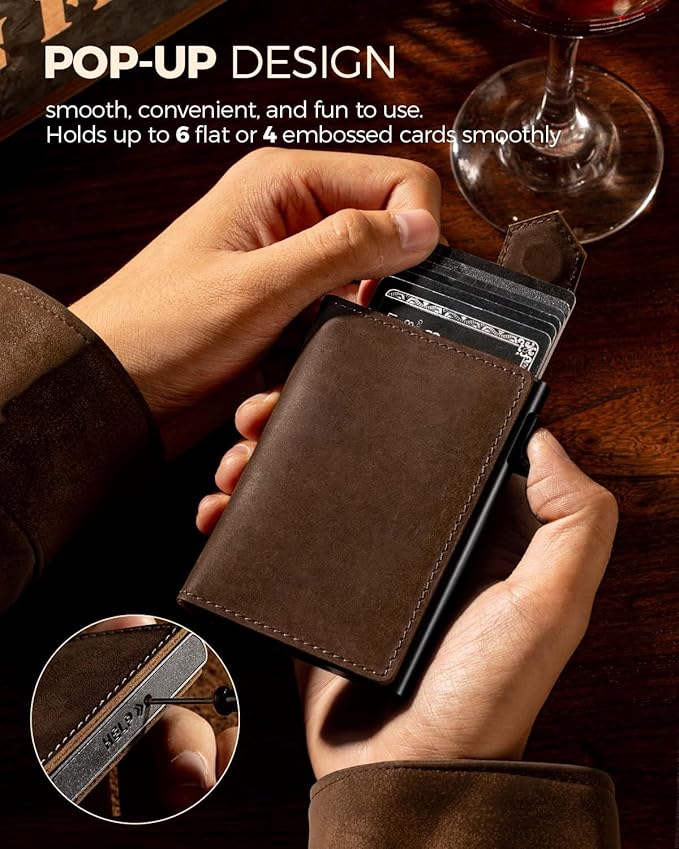 LORZOR Slim Wallet for Men with Security Latch, Pop Up Metal Card Holder Wallet, Finest Full Grain Leather Bifold Wallets, Smart, Minimalist, RFID Blocking, Front Pocket, ID Window