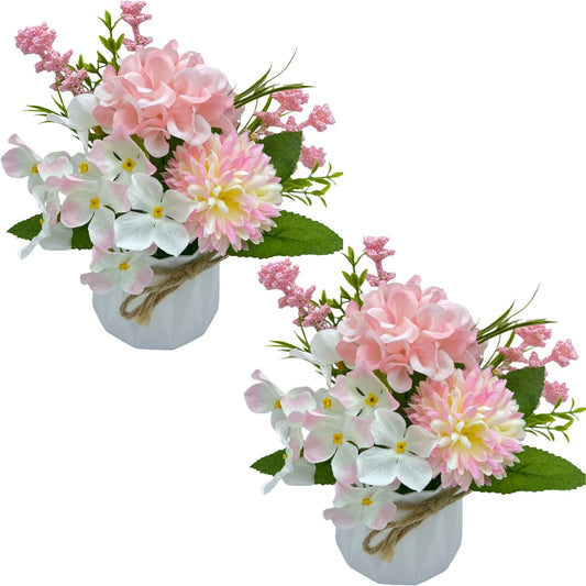 Carfoeny 2 Potted Pink White Hydrangea Artificial Flowers Indoor Fake Plant Bathroom Accessories Decor，Faux Silk Flowers Arrangement in Vase Centerpieces for Tables Dresser Shelf Decor Aesthetic