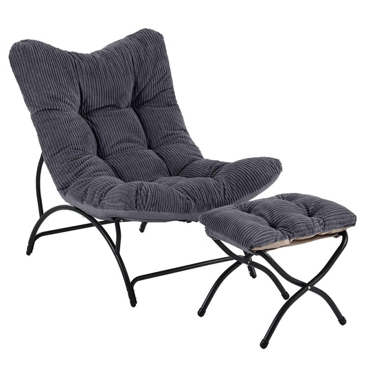 Welnow Modern Accent Chair with Ottoman, Upholstered Comfy Lounge Recliner Sofa, Thick Cushion Oversized Lazy Reading Chair with Footrest for Living Room, Bedroom, Apartment, Office, Dorm, Dark Grey