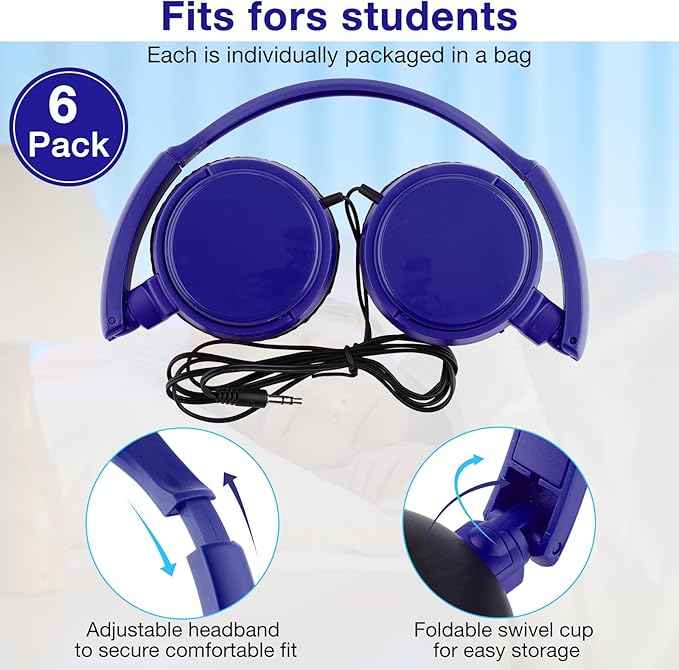 Yunsailing 18 Pack Classroom Headphones Bulk Student Wired Class Headphones Set for School with Individually Wrapped Adjustable Over Ear Head Earbuds (Navy Blue)