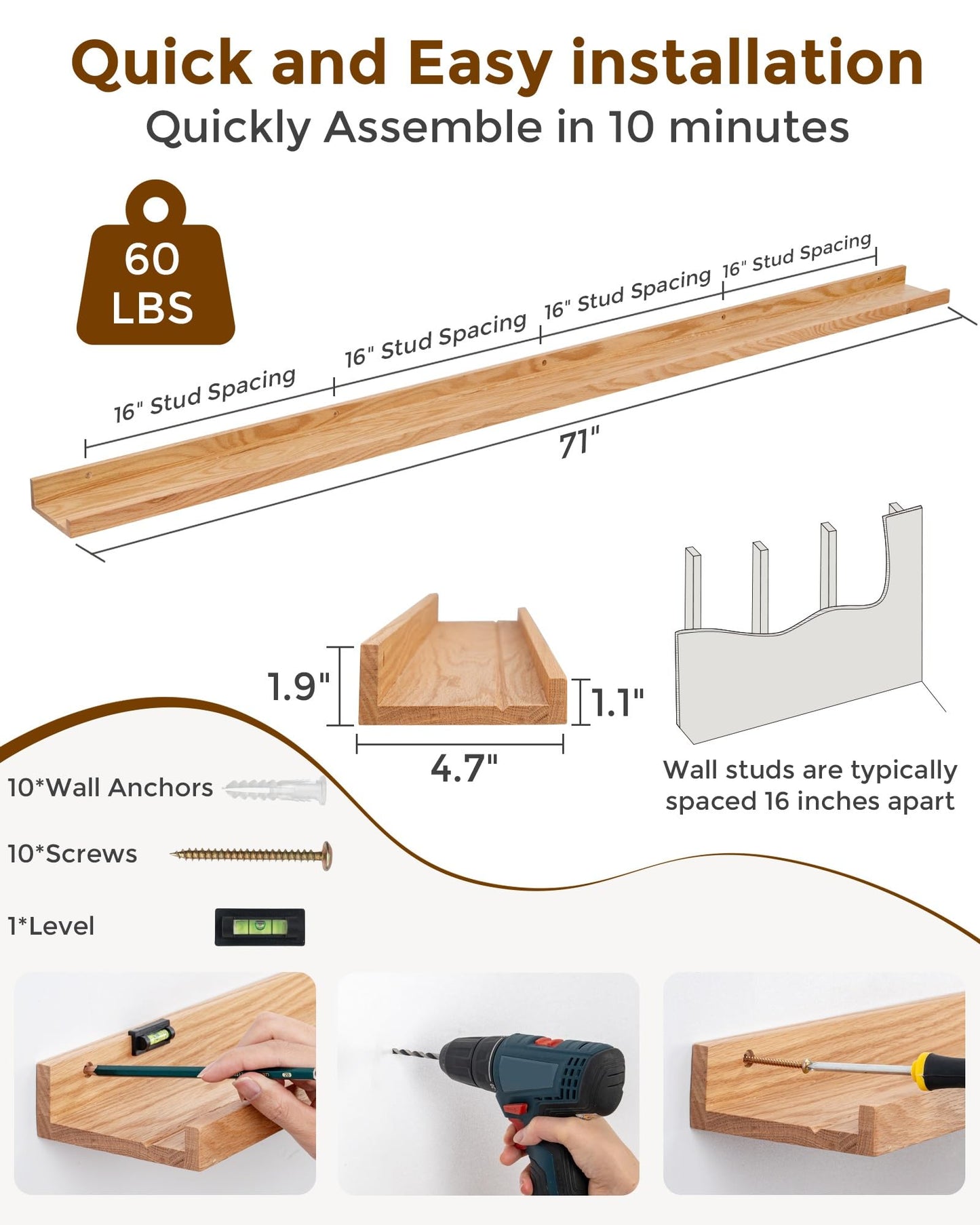 Axeman Oak Picture Ledge Shelf, 72 Inch Floating Shelves Set of 2, Solid Oak Wood Wall Shelves with Lip, Wall Decor Storage for Bedroom Living Room Bathroom Kitchen Nursery Photo Picture, Natural Oak