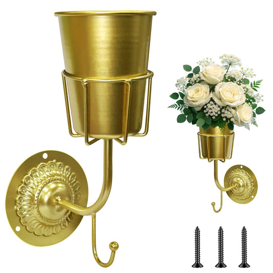 ADGJMPSV Gold Wall Mounted Flower Vase,Vintage Brass Hanging Wall Vase with Storage Hook,Decorative Wall Organizer for Flowers,Keys & Small Items,Home Decor for Kitchen,Bathroom,Bedroom