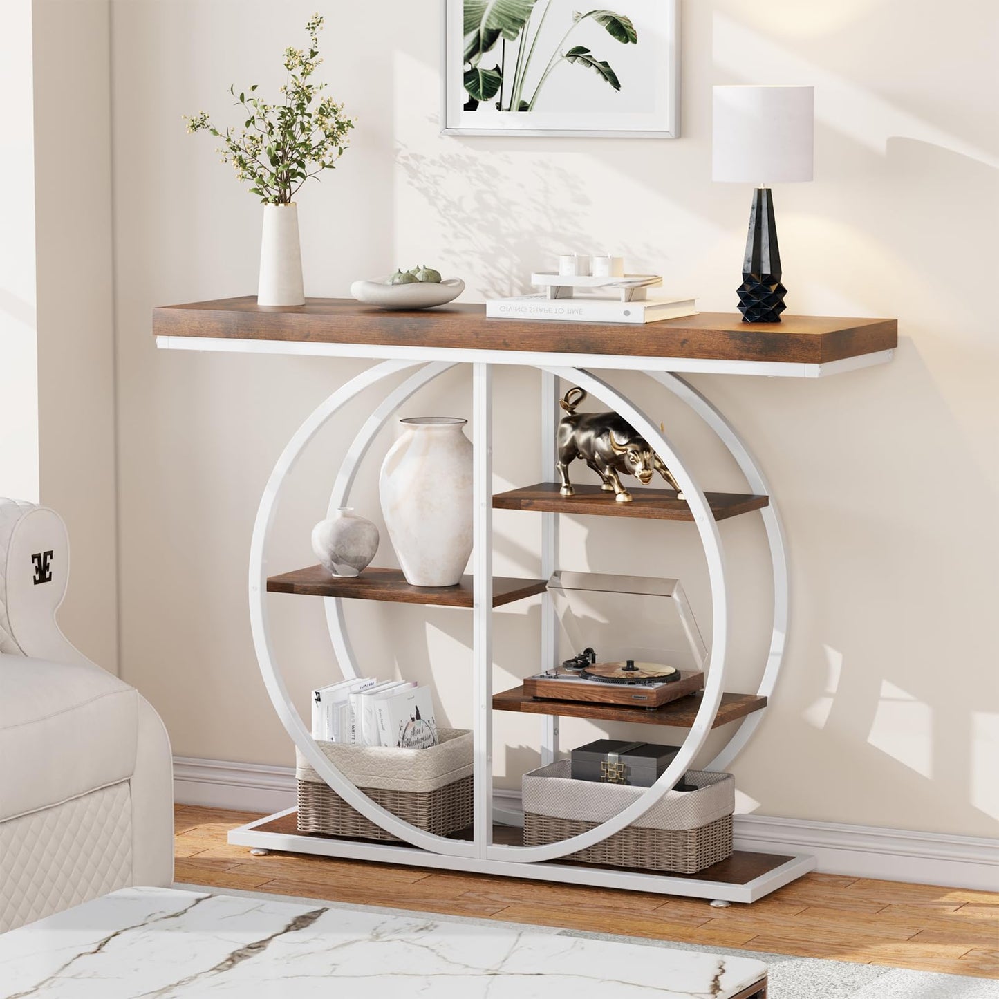 LIFECHOVY 41.3" Console Table for Entryway, Industrial Hallway Sofa Table with Storage Shelves, Narrow Accent Decor Living Room Furniture with Circle Base for Foyer, Entrance, Brown White