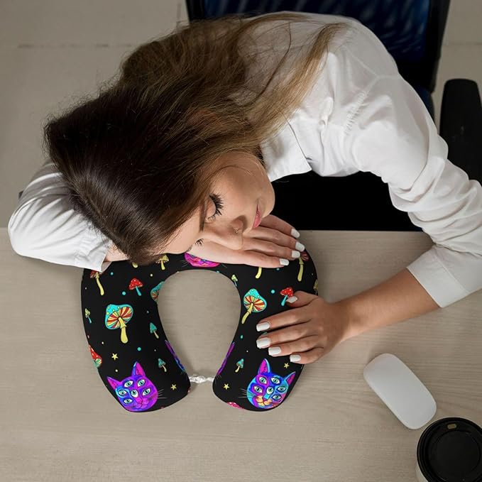 Neck Travel Pillow, Women Men Washable Airplane Car Pillows Trippy Eyes Black Cat Goth Mushroom, Head Support Rest U Shaped Cushion Comfortable for Watching TV
