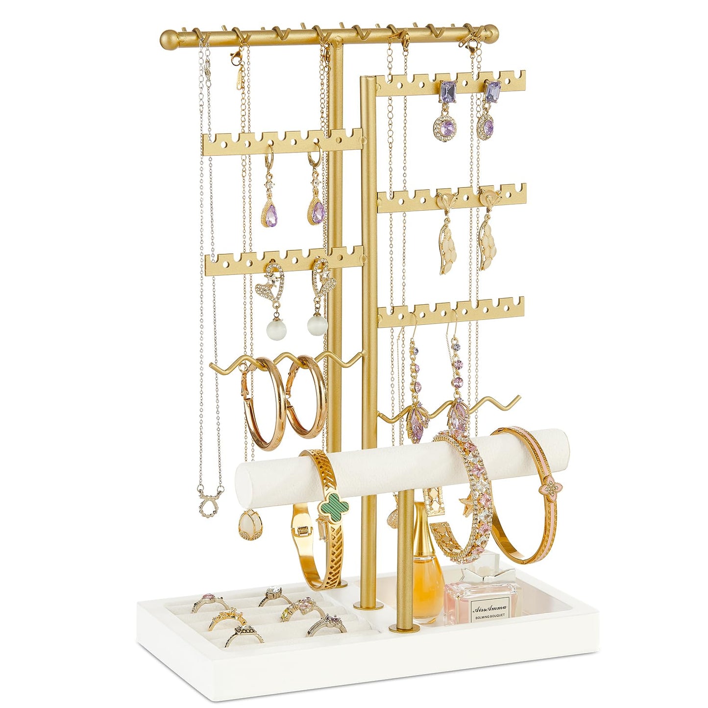 Poyilooo Earring Holder Jewelry Stand, 3 Tier Jewelry Organizer with Ring Holder Tray for Necklace Earring Keychains Bracelet Rings Display Jewelry Tree Stand (Whitegold)