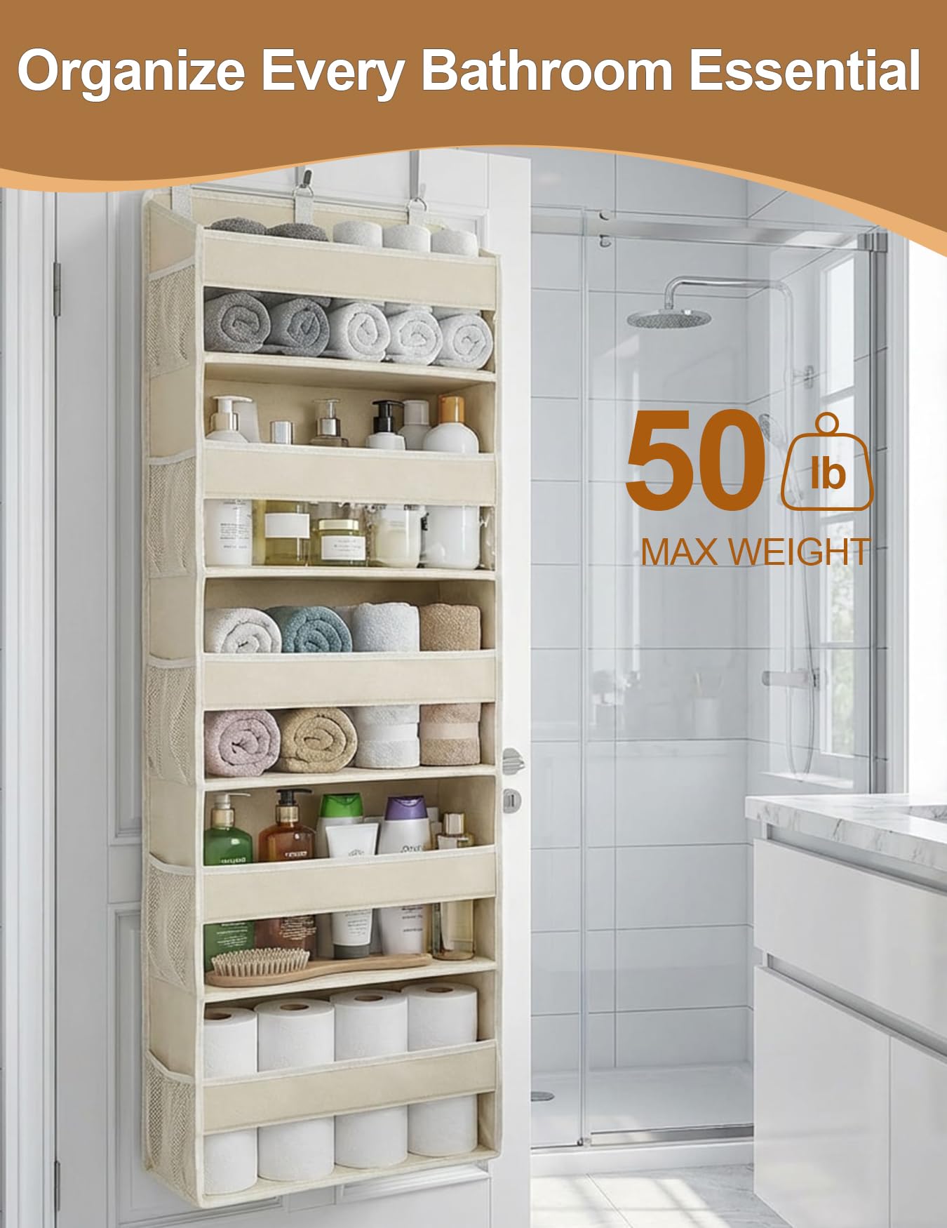 Hasosodo Over the Door Organizer 5-Shelf Closet Hanging Storage with 10 Mesh Pockets, 50 lbs Weight Capacity Door Organizer Hanging for Bathroom, Bedroom, Baby Nursery and Pantry, Ivory
