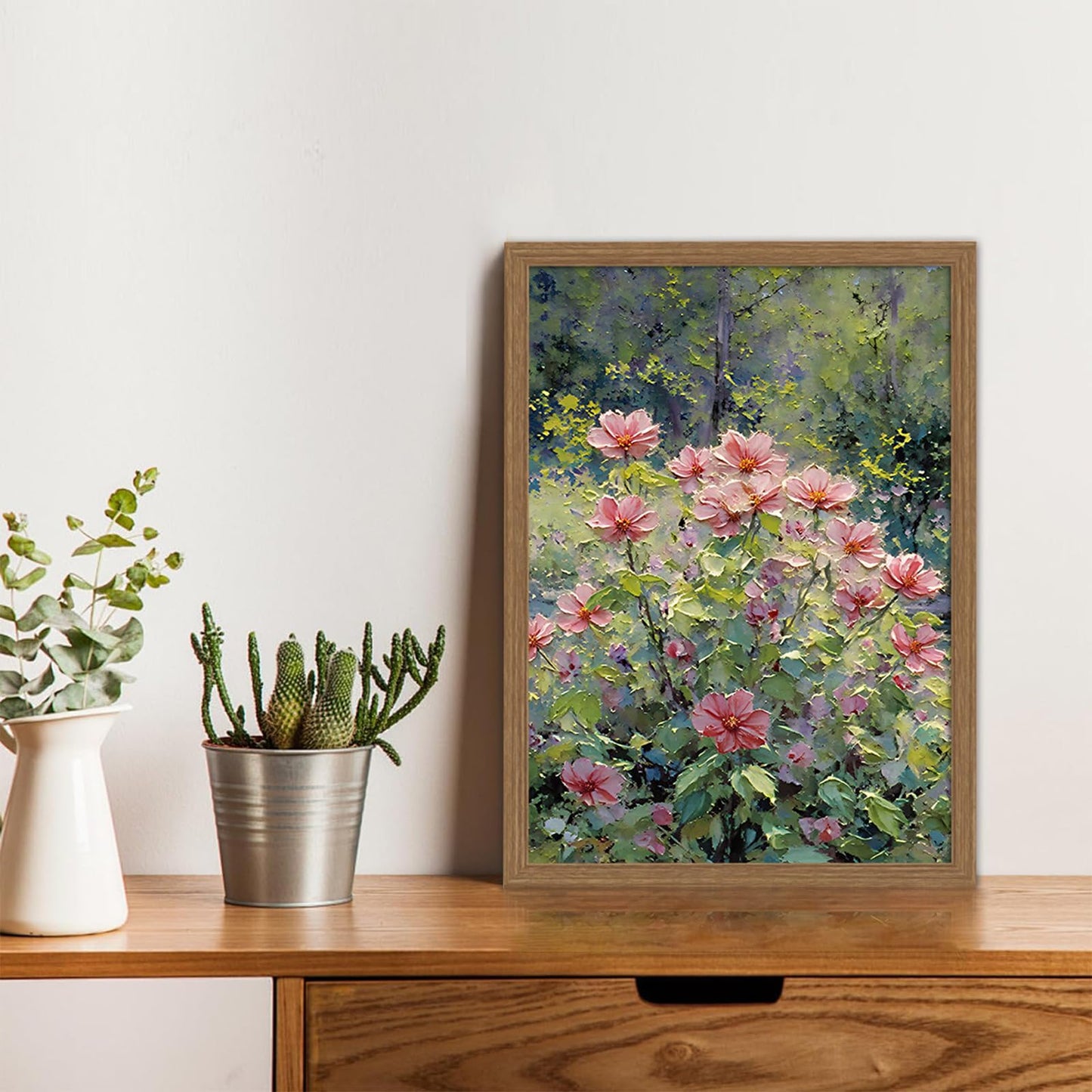 3pcsmonet Framed Wall Art,Retro Floral Gardencanvas Painting, Pink Flowers By Lake Painting, Nature Poster Wall Decor For Living Room Bedroom Office, Ready To Hang 12x16in