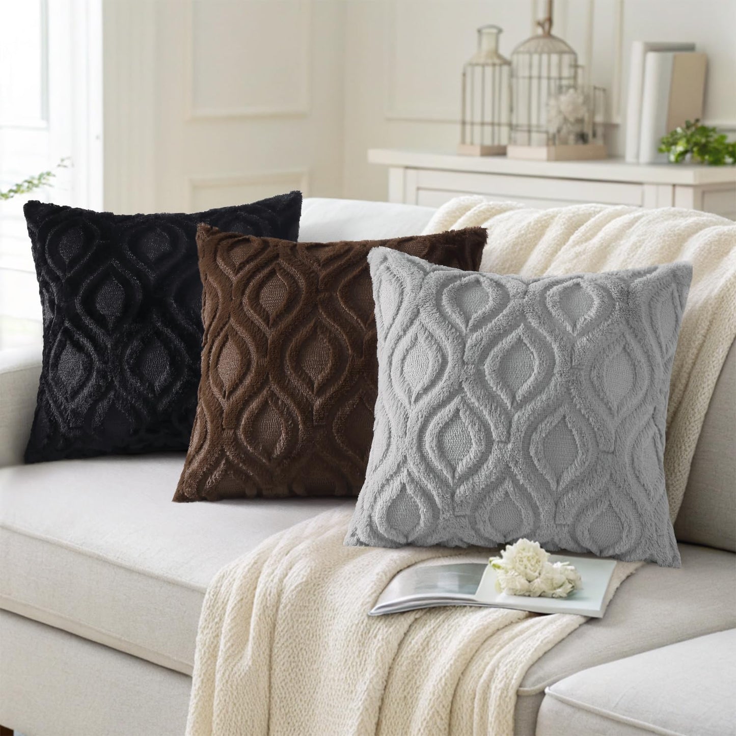 decorUhome Throw Pillow Covers 12x20 Inch Set of 2, Soft Plush Faux Wool Black Solid Couch Pillow Covers, Accent Farmhouse Neutral Rectangle Pillow Cases for Sofa Bed Living Room