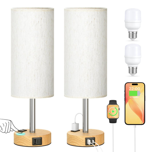 Touch Bedside Table Lamps Set - 3 Way Dimmable Bedroom Lamps Set of 2 with USB C & A Ports, Small Lamps for Nightstand with AC Outlet, Small Desk Lamp for Office, Dorm, Nursery - Dorm Room Essentials