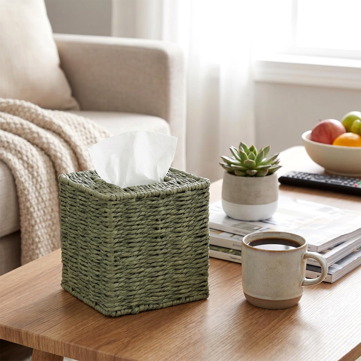 Thyle Sage Green Tissue Box Cover 2 Pack, Boho Hand Woven Paper Rope Square Tissue Box Holder, Decorative Cube Napkin Organizer for Bathroom, Bedroom, Living Room, Desk & Office