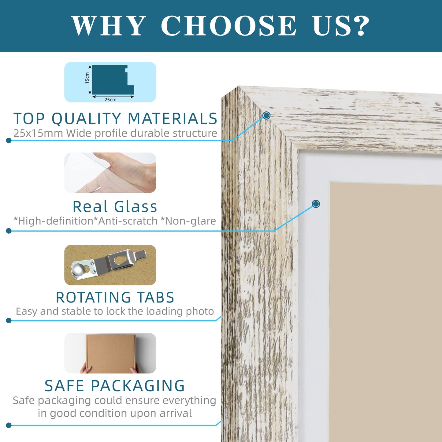 Hongkee 4x6 Picture Frame Set of 4, Made of Real Glass and Distressed White Wooden Frame, 4 by 6 Photo for Wall or Tabletop - Display Picture 3.5x5 with Mat or 4x6 Without Mat