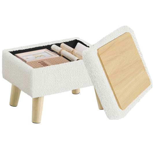 SONGMICS Storage Ottoman, Foot Stool, Ottoman with Padded Seat, Foot Rest with Wood Legs, Small Table, for Hallway, Living Room, 11.8 x 15.7 x 11.4 Inches, Teddy Fleece, Cream White ULOM518WD01
