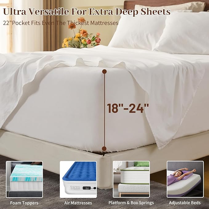 MEISHANG 100% French Pure Linen Sheets King Size - Extra Deep Pocket Sheet Set, Soft Durable Flax Linen, Anti-Tear Breathable & Oeko-Tex Certified 18-24 Deep Pocket,All Season(White)