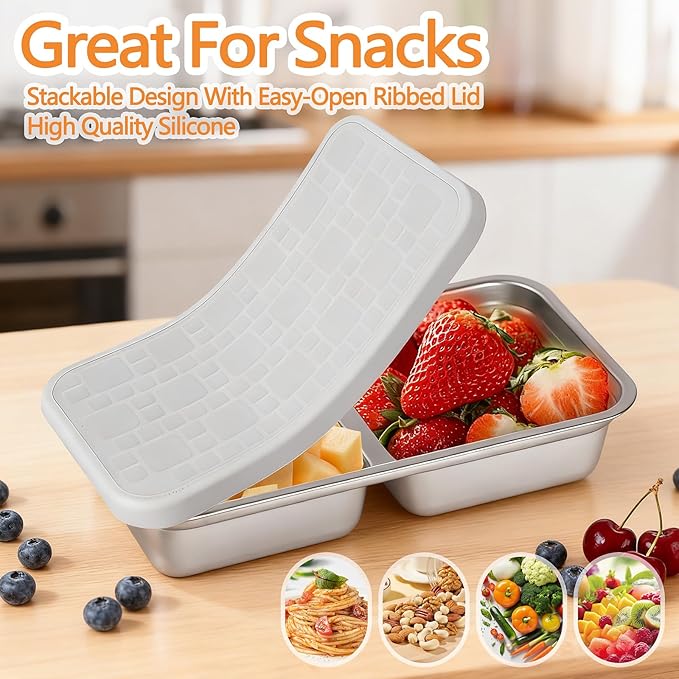 PTYTIFY 2 Pack Stainless Steel Snack Containers with Lids, 2 Compartment Snack Containers, Reusable Food Containers for Home, Travel, Outdoor