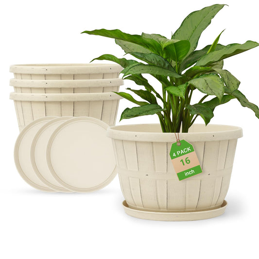 Quarut Plant Planters Pots Set of 4 Pack 16 Inch，Large Plastic Flower Pot for Indoor Plants with Drainage Holes & Trays, Whiskey Barrel Planters with Saucer for House Outdoor Garden Plant（White）