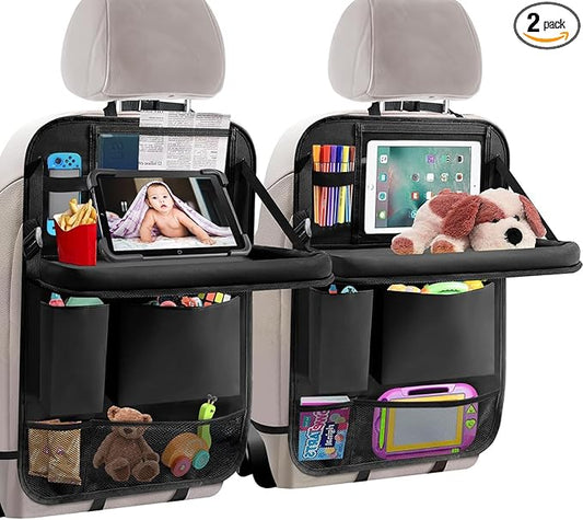 HSEAREA Car backseat organizer,with tablet holder, 6 storage pockets, foldable food tray, car seat back protectors kick mats, travel accessories, black (2)