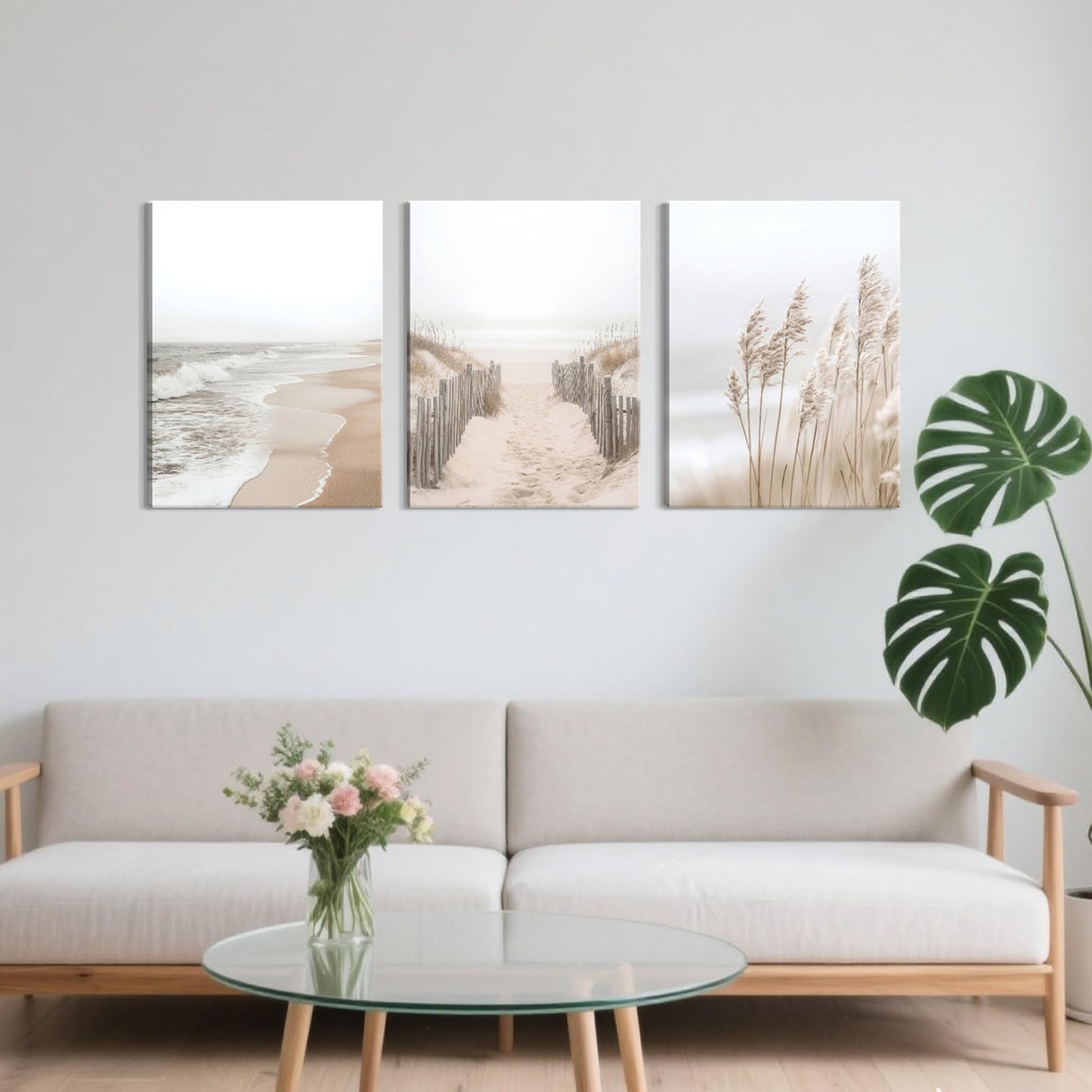 Framed Beach Canvas Wall Art Set of 3, Boho Coastal Nature Landscape Wall Decor Paintings, Ocean Beach Pampas Grass Artwork Prints Pictures for Living Room Bedroom Home Office 16x24 Inch