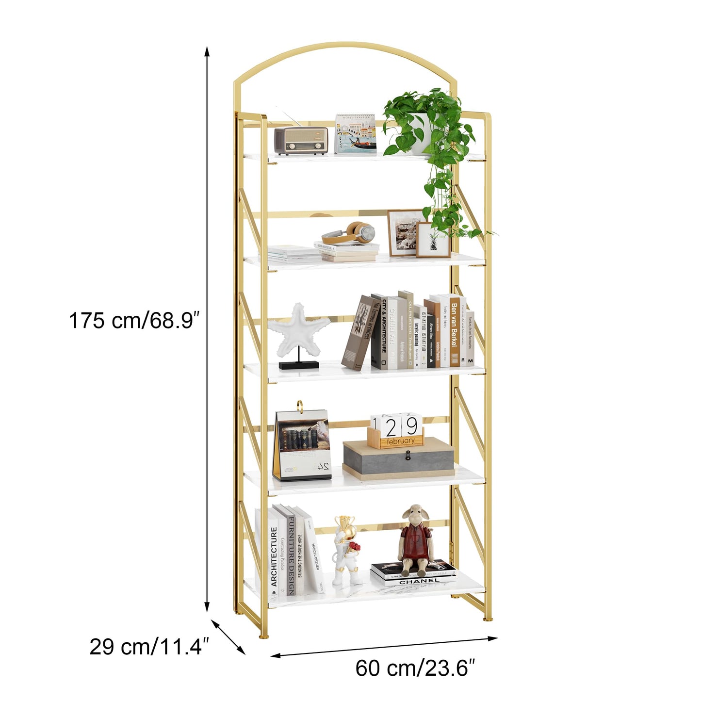 BHG Arched Bookshelf 5 Tier Shelf Storage Organizer Bookcase,No Assembly Folding Book Shelf for Living Room,Bedroom Home Office Rack Bookhelves