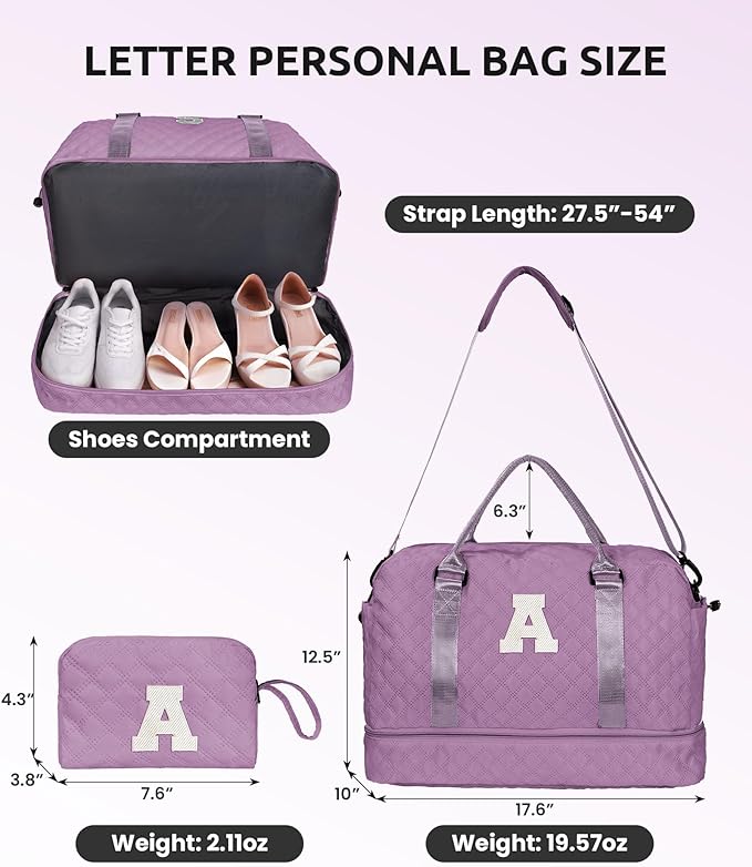 Vogewood Duffle for Women with Shoe Compartment, Personalized Weekender with Shoulder Strap, Overnight Bag with Trolley Sleeve & Wet Pocket, Travel Bag with Makeup Bag (Letter E)