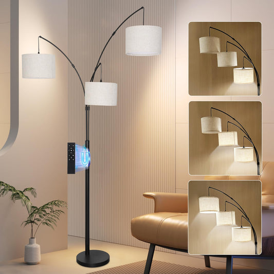 Dimmable Arc Floor Lamp, 3 Light Arc Floor Lamps for Living Room, 2400LM Remote Control with Stepless Color Temperatures and Brightness for Bedroom Office, Black Pole Standing Lamp with Linen Shade