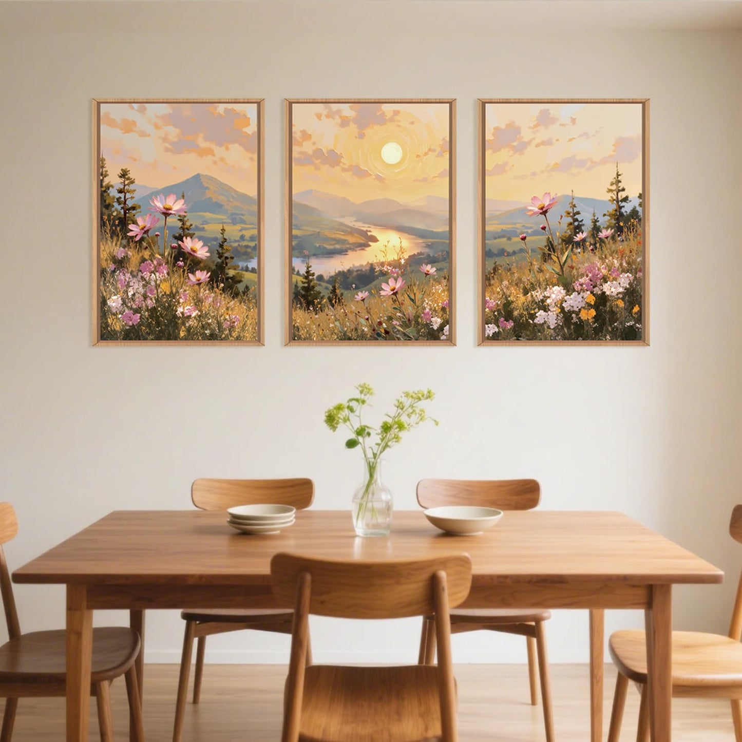 LHIUEM Large Boho Sunset Wildflower Framed Canvas Wall Art,Nature Pink Flower Wall Decor,Blossom Botanical Mountain Landscape Artwork for Living Room,Bedroom,Dining Room,Office -16"x24"x3