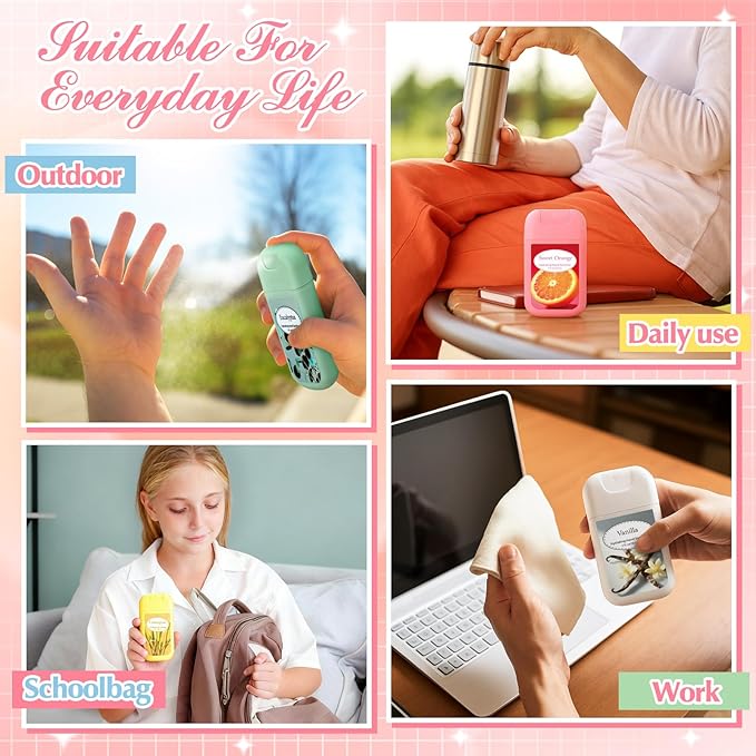 24 Pack Hydrating Mini Hand Sanitizer Spray Scented Hand Sanitizer Travel Size Portable Pocket Spray Reusable Sprayer Bottle for Women Teen Adults Office Family Purse Backpack