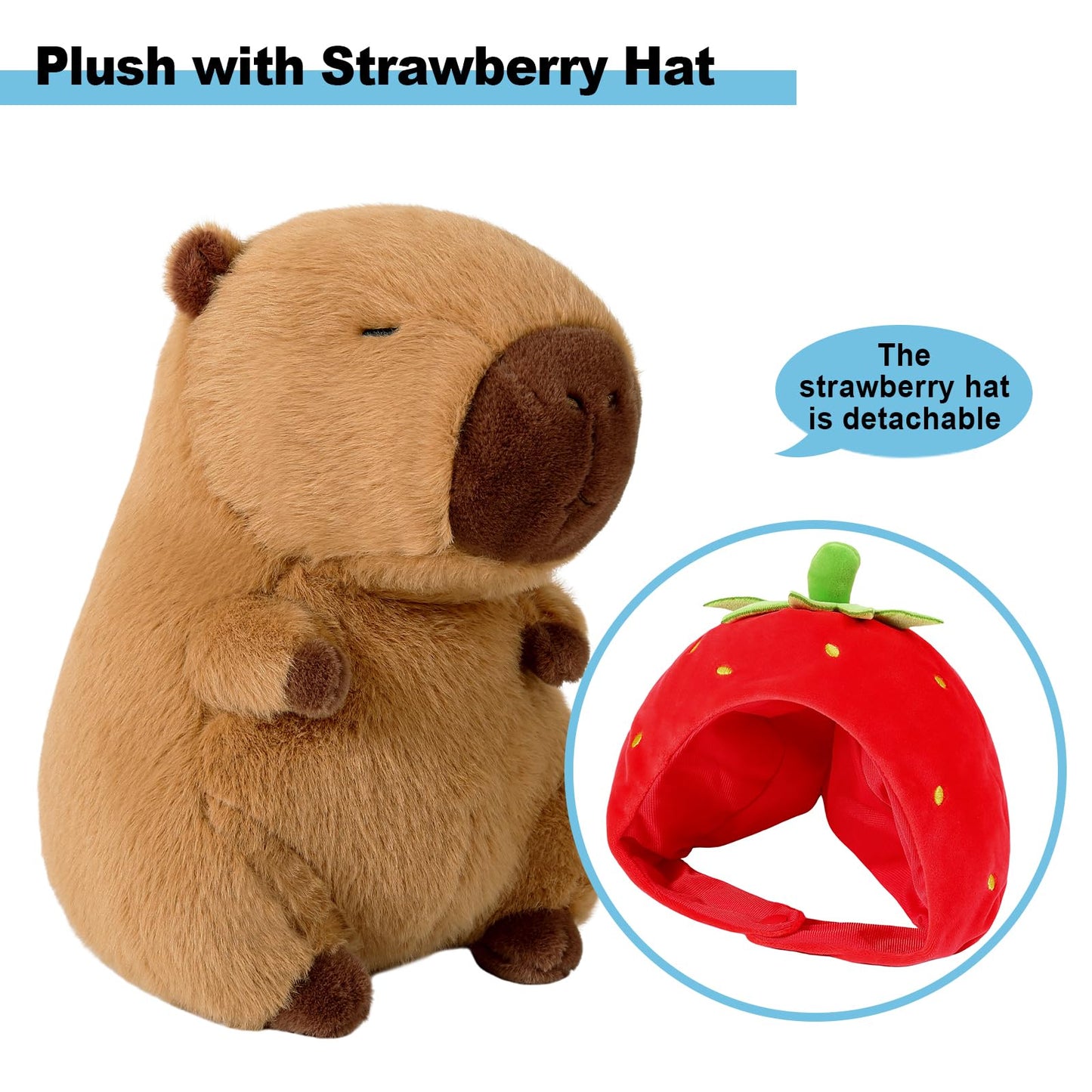 Ditucu Cute Capybara Plush Wear Strawberry Hat Soft Capibara Stuffed Animal Plushies Toys Hugging Gifts for Kids Brown 9 inch
