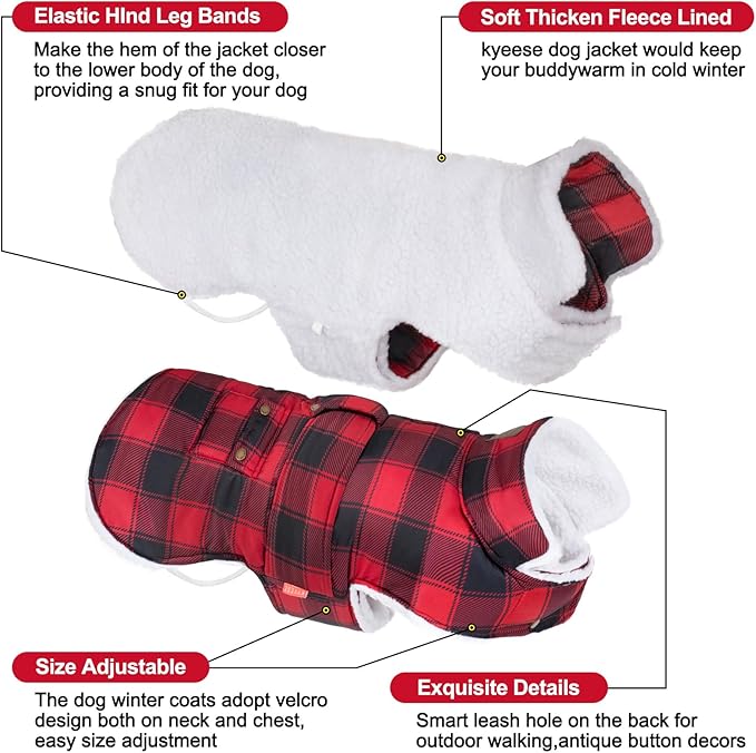 KYEESE Dog Coat Waterproof Dogs Jacket with Fleece Lined Soft Pet Sweater for Cold Weather Windproof Dog Coats for Small Dogs Thick Pets Clothes with Pocket Warm Pet Winter Puffer Coat with Leash Hole
