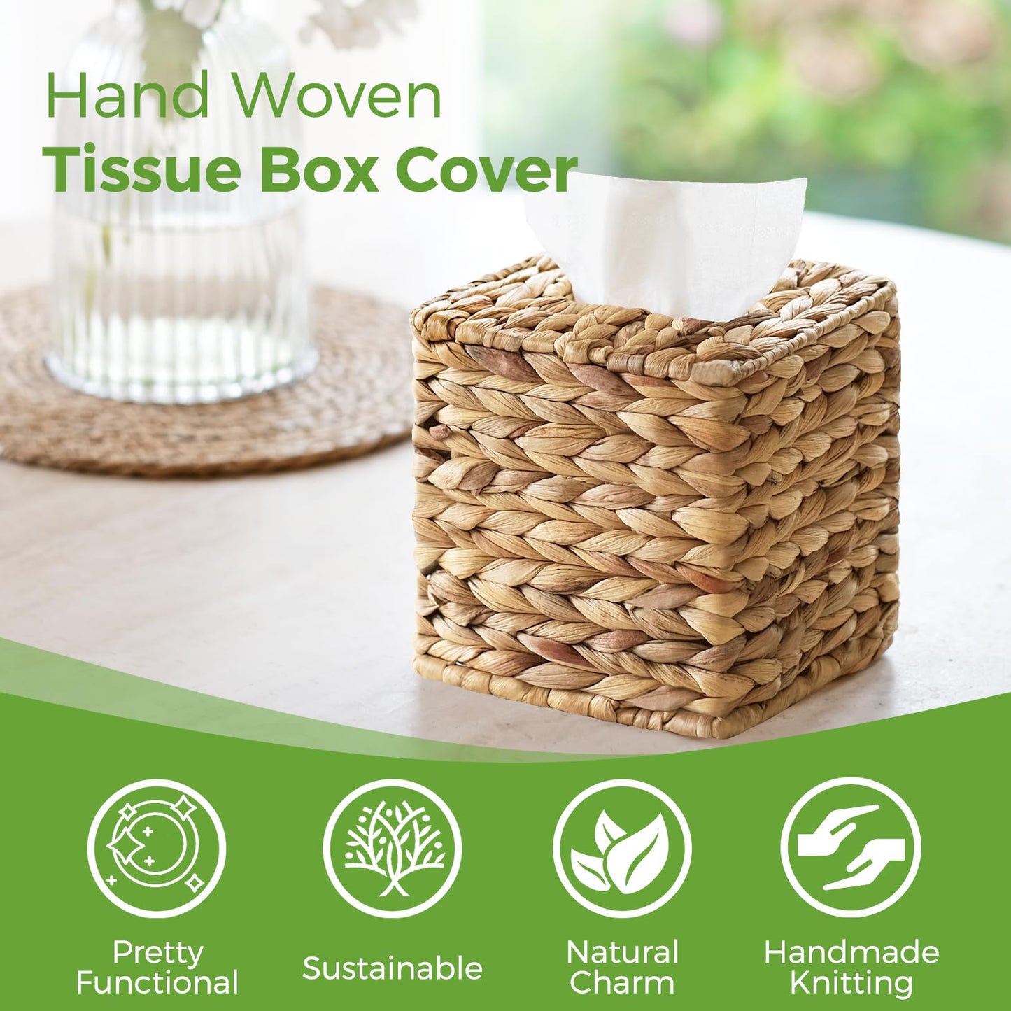 4 Pack Wicker Tissue Box Cover Square, Rattan Tissue Box Holder Facial Tissues Boxes, Hand Woven Decorative Tissue Covers Tissue Holders for Bathroom Bedroom Desk Office