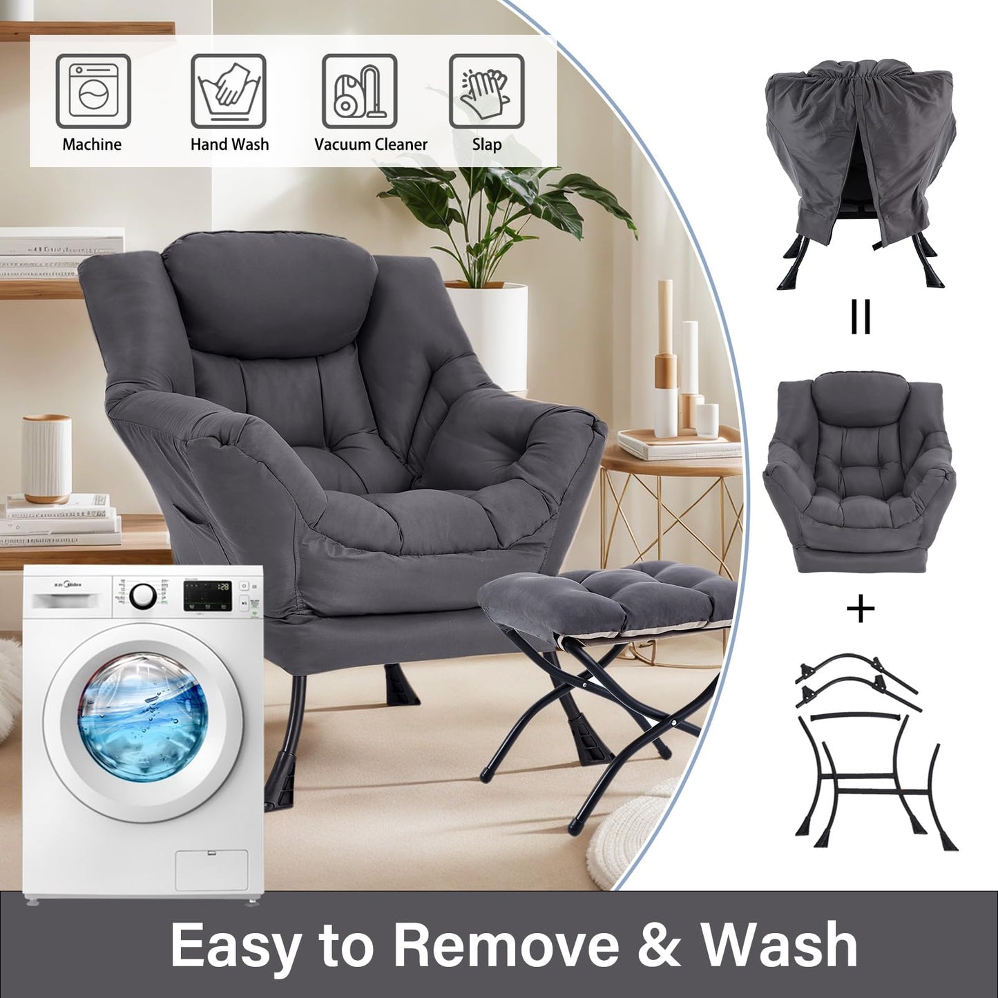 HomEastlly Lazy Chair with Ottoman, Large Dark Grey Accent Chair with Ottoman, Comfy Reading Armchair, Leisure Sofa Chair for Living Room, Bedroom, Dorm Room, Office