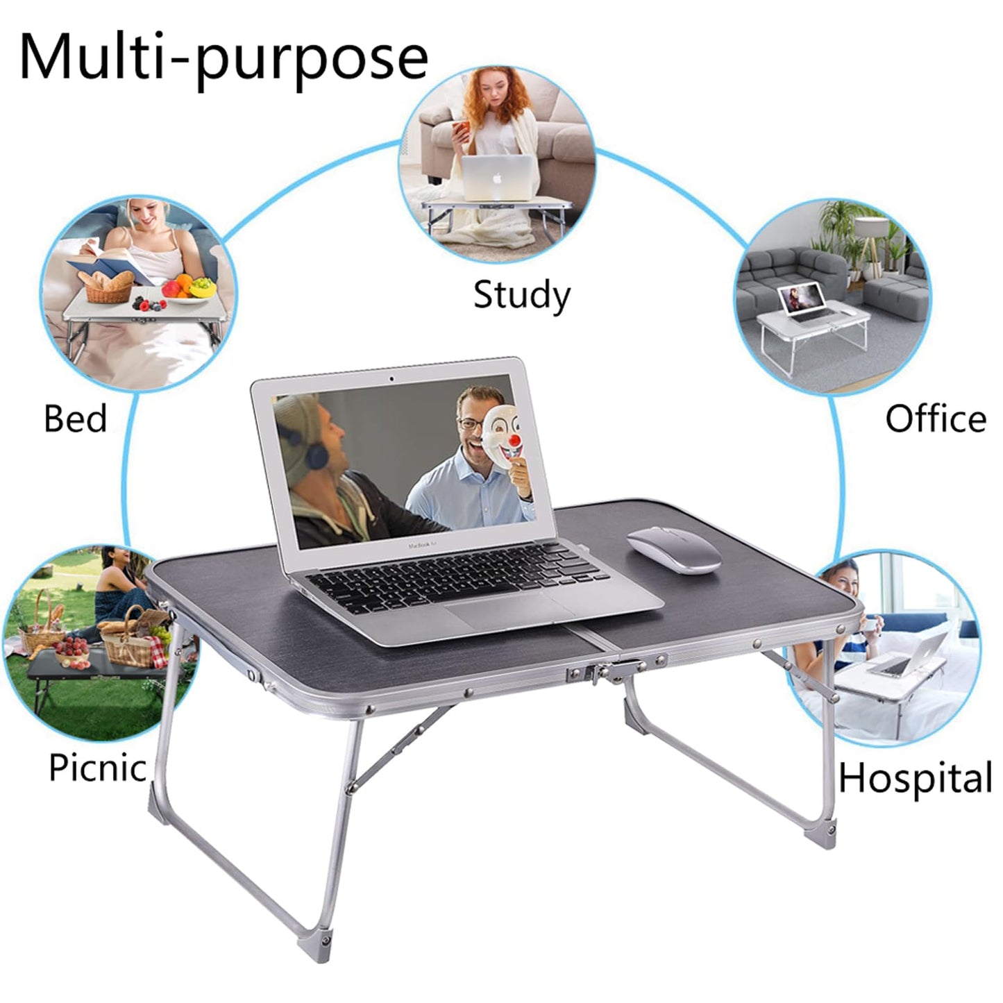 Foldable Laptop and Bed Table with Storage - Portable Mini Lap Desk for Legs, Ideal for Study, Reading, Picnic, Breakfast & Early Summer Camping
