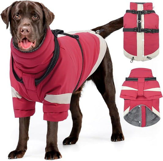 MIGOHI Reflective Dog Winter Coat,Warm Dog Jacket with Harness,Fleece Jacket for Large Dogs,Waterproof Pet Puffer Jacket Snowsuit,Windproof Pet Clothes for Cold Weather,Australian Shepherd,XL,Pink