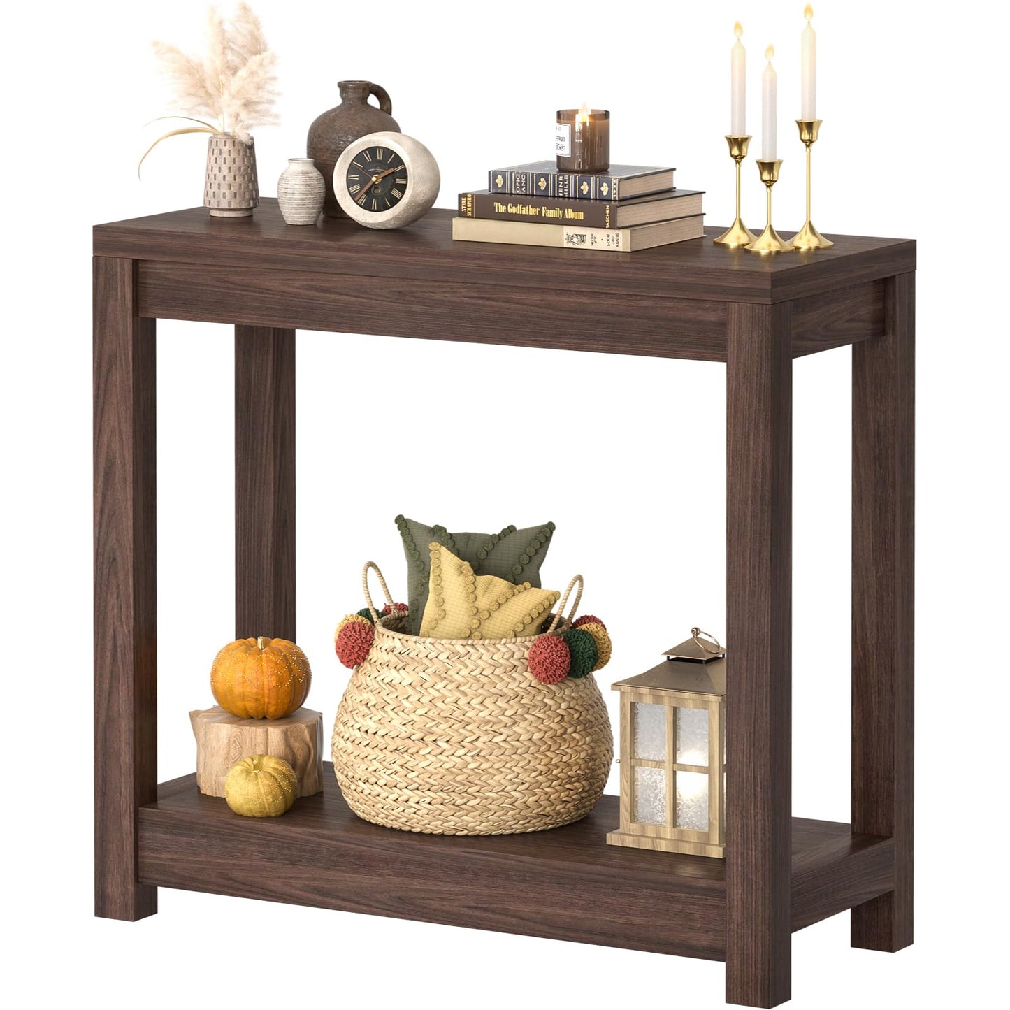 Besiost Small Farmhouse Wood Entryway Table Narrow Console Table with Storage Behind Couch Sofa Table with Shelves Entry Way Tables with Open Storage, Easy Assembly, 32" Black Walnut