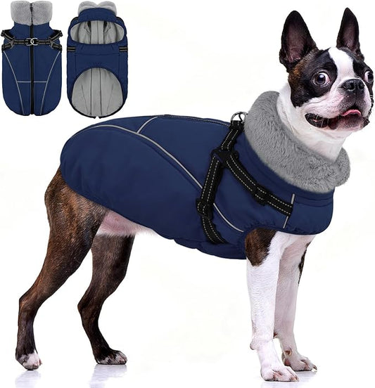 AOFITEE Dog Coat, Waterproof Dog Jacket with Harness Built in, Dogs Coats for Lage Dogs, Warm Fleece Zipped Pet Puffer Jacket, Outdoor Cold Weather Coats Pet Snowsuit for French Bulldog, Blue L