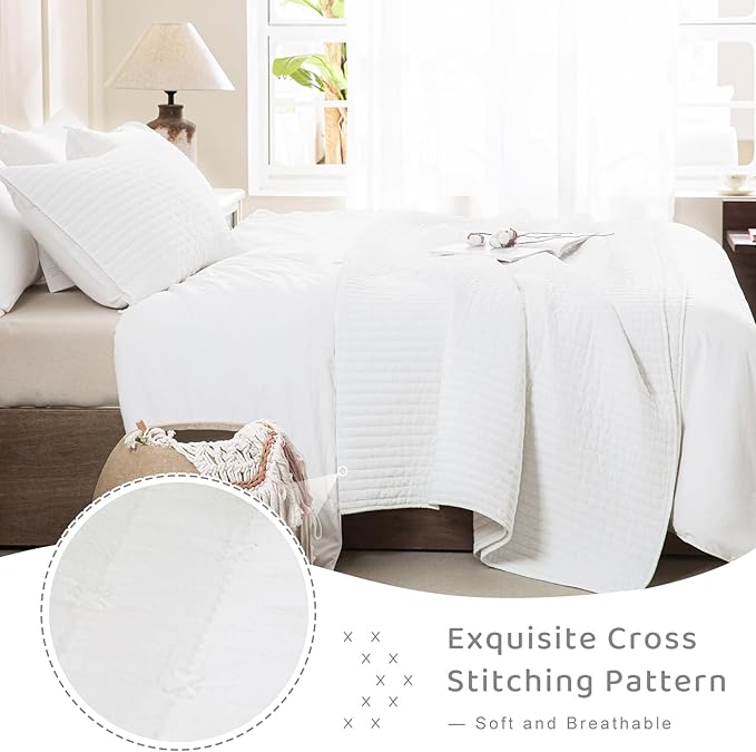 Sanracie Stonewashed Oversized King Quilt(120"x120"), Cotton Milk White California King Quilt Coverlet Sets 3Pcs Ultra Soft Crinkle Cross Stitch Bedspreads Sets for All Season