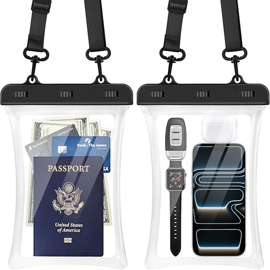 CACOE [Floatable Floating Universal IPX8 Waterproof Phone case 2 Pack-Up to 10.0",Adjustable Lanyard Phone Pouch,Dry Bags for Vacation Beach Pool Kayak Cruise Travel Essentials（Black+Black-#2）