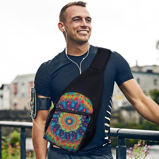 SWEET TANG Women's Cool Chest Bag Gym Sack Fashion Sling Shoulder Backpack Outdoor Sports Daypack Tie Dye Classic Mandala Kaleidoscope, Multipurpose Adjustable Bag Small Camera Case for Daily Use
