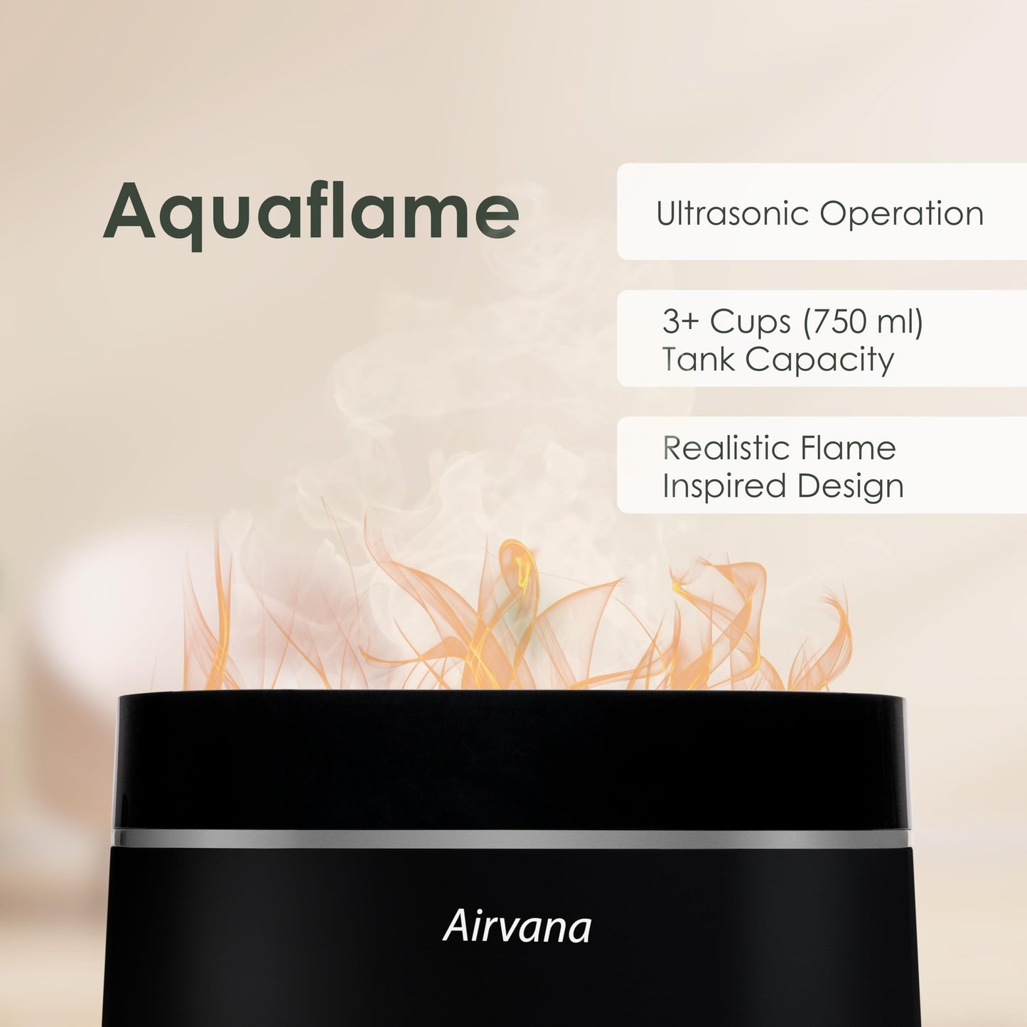 Airvana AquaFlame Ultrasonic Humidifier (.75L / .20 Gal) - Vibration Technology Humidifier with Essential Oil Diffuser – Tabletop Design for Personal Use, Dorm Rooms, & Desks - White (.75L / 0.20 Gal)