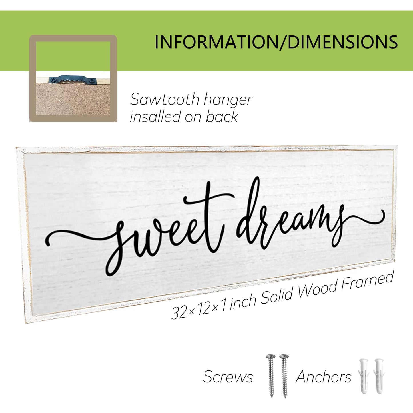 Sweet Dreams Wall Decor Above Bed Sign 32''×12'' Large Wood Framed Master Bedroom Guest Room Sweet Dreams Signs Farmhouse Rustic Wall Art Decoration (White)