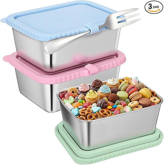 Acellegic Stainless Steel Snack Containers with Silicone Lids, 15 oz Reusable Food Storage Deli Containers for Meal, Leak Proof, Easy Open BPA Free Daycare and School(Blue, Pink, Green,3 Pack)