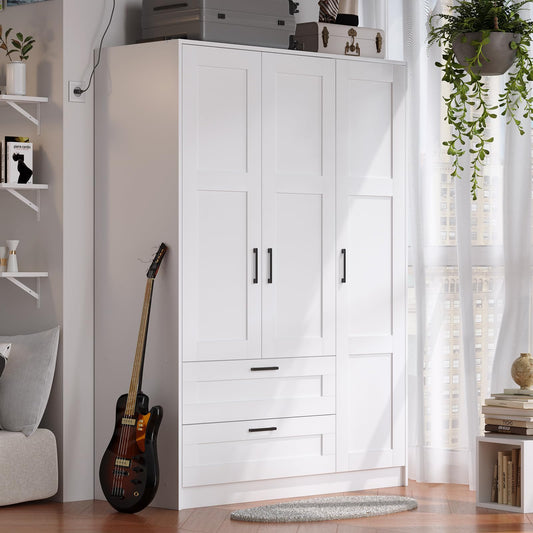 Fenghua Lizhi 3 Doors Wooden Wardrobe Closet Armoire, White Storage Cabinet for Hanging Clothes, Bedroom Large Capacity Freestanding Armoire,Wood Wardrobe Combination with Shelves (2drawer, White)