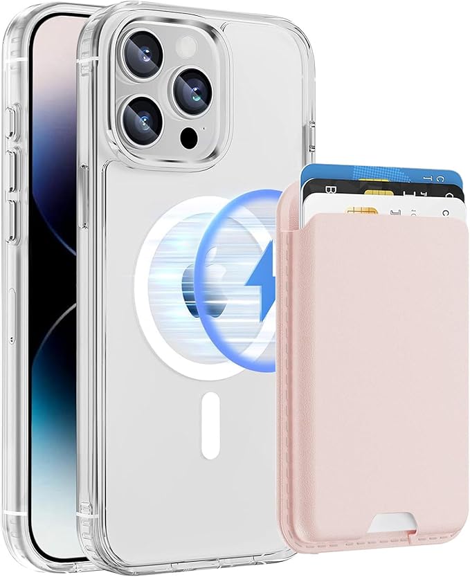 Ntwinro Magnetic for iPhone 14 Pro Clear Case (Compatible with MagSafe) with Pink Detachable Wallet & Card Holder for 3 Cards [RFID Blocking] Military Grade Protective Slim Phone Cover