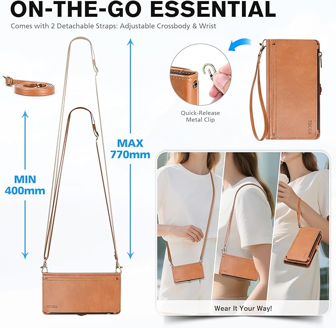 TUCCH Removable Crossbody Case Wallet for iPhone 17 (6.3-inch) 2025, Wireless Charging, RFID Blocking 9 Card Slots, Lanyard, Wrist Strap, Zipper Pocket, PU Leather, Stand Magnetic Cover, Light Brown