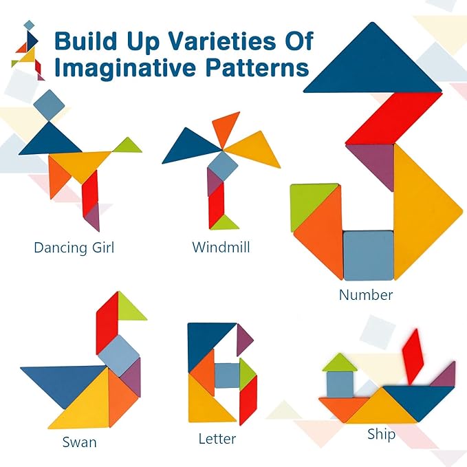 Vanmor Wooden Tangrams Sets Pattern Blocks, Shape Card Brain Teaser Puzzles Educational Toy, Travel Games for Kids Ages 4-8 Road Trip Essentials